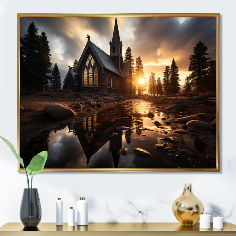 Paysage d'églises d'églises sur toile, Cadre flottant doré, H 12 po x l 20 po x P 1 po