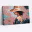 Femme au chapeau de paille sur fond rose et turquoise abstrait - Tableau sur toile-563815099