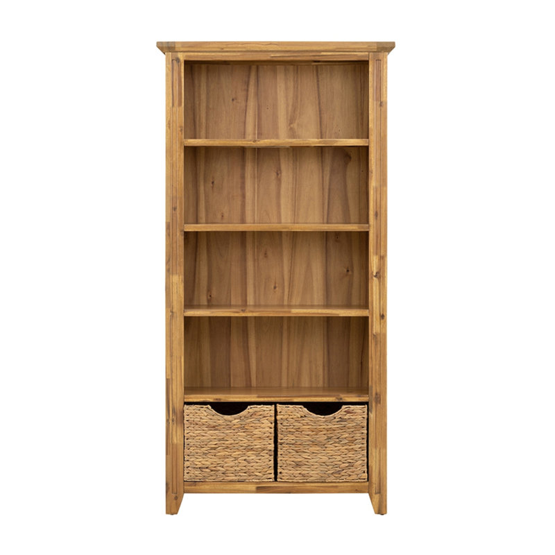 Tall Brown Solid Wood Rustic Bookcase with Storage Baskets