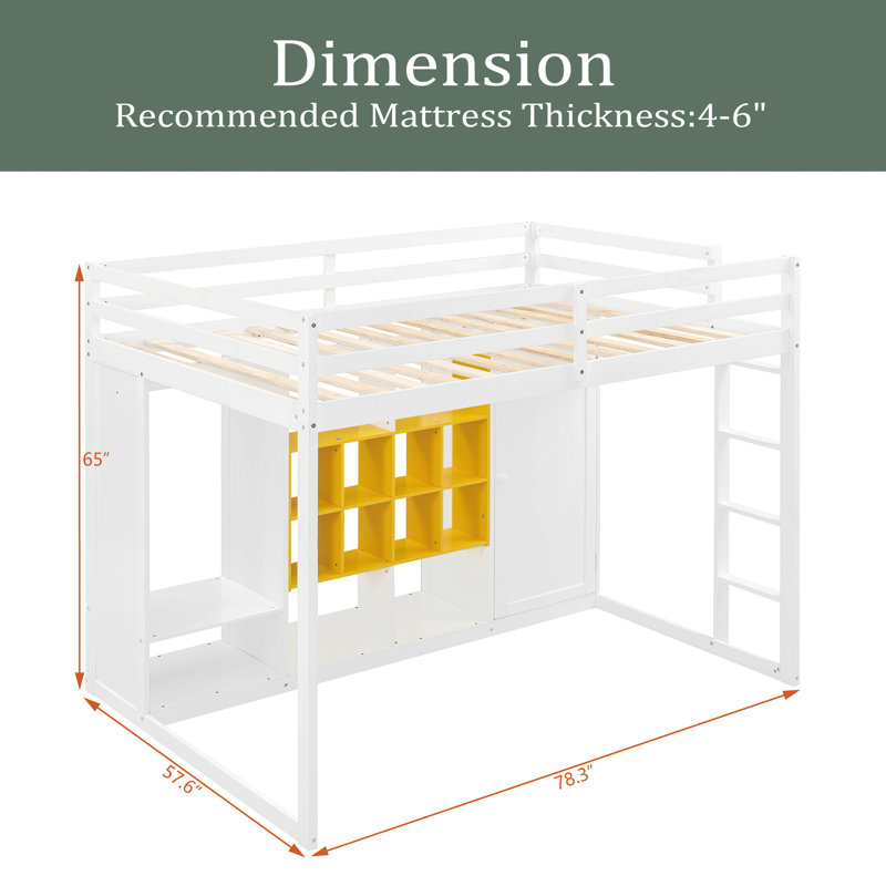 Lit mezzanine en bois avec garde-robe, tablettes et armoire, Complète, Blanc