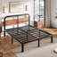 Grand lit plateforme en métal noir avec tête de lit en bois massif foncé de 40 po, rangement sous le lit, support silencieux, aucun sommier requis-1034755524-1026695247
