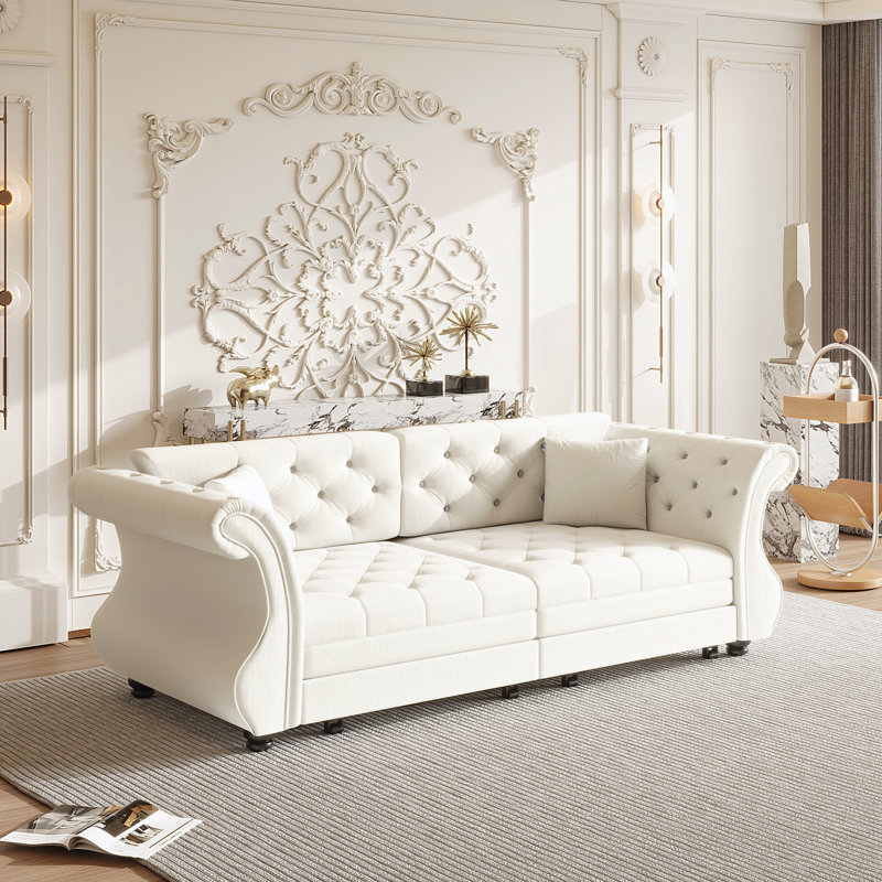 97.6" Oversized Chesterfield Pull Out Sofa Bed, H 34,6 po x l 83,8 po x P 32,7 po, Blanc