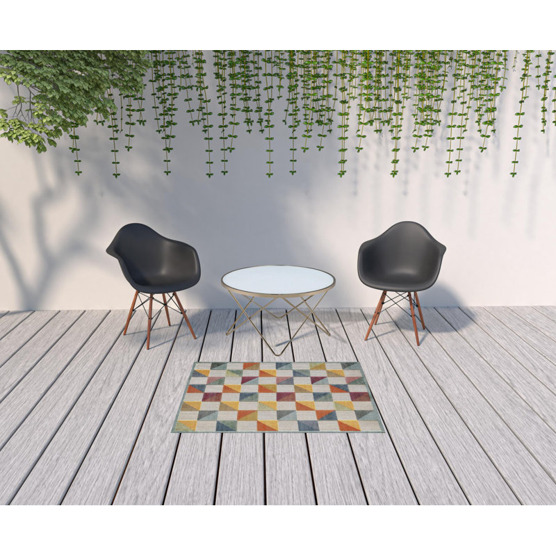 Tapis d'intérieur / extérieur à carreaux Hesselbein, Ivoire / multicolore, Rond 8 pi