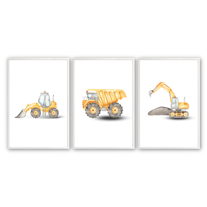 3 pièces de véhicules de construction Joren par Lauren Thomas, H 11 po x l 14 po x P 1,25 po, Blanc opaque