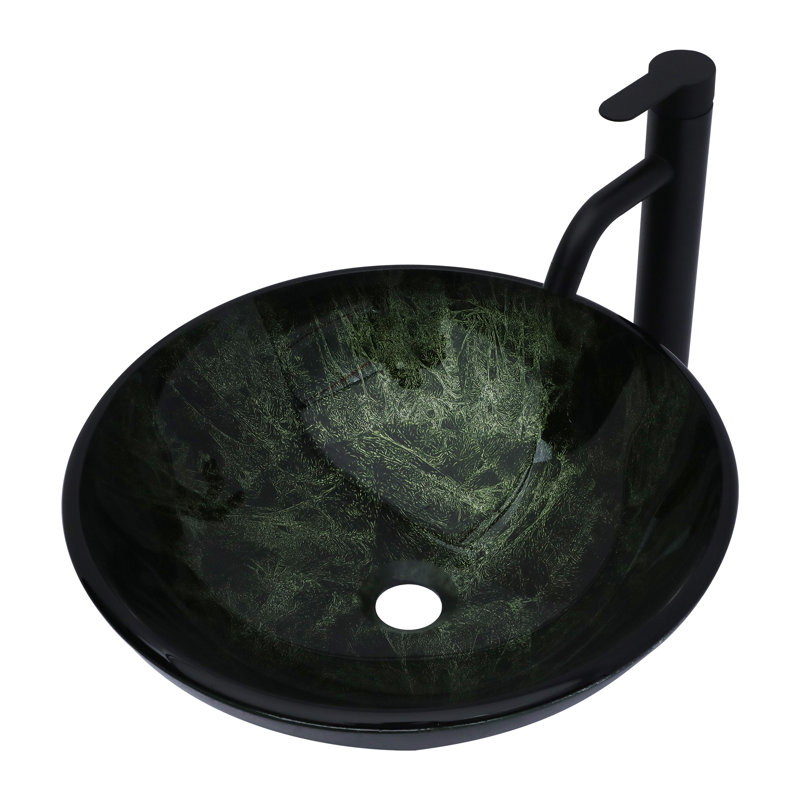 16-1/2 in. Glass Round Vessel Basin Elegant Glass Cricle Bathroom Sink in Dark Green with Matte Black Faucet and Pop-Up Drain in Black