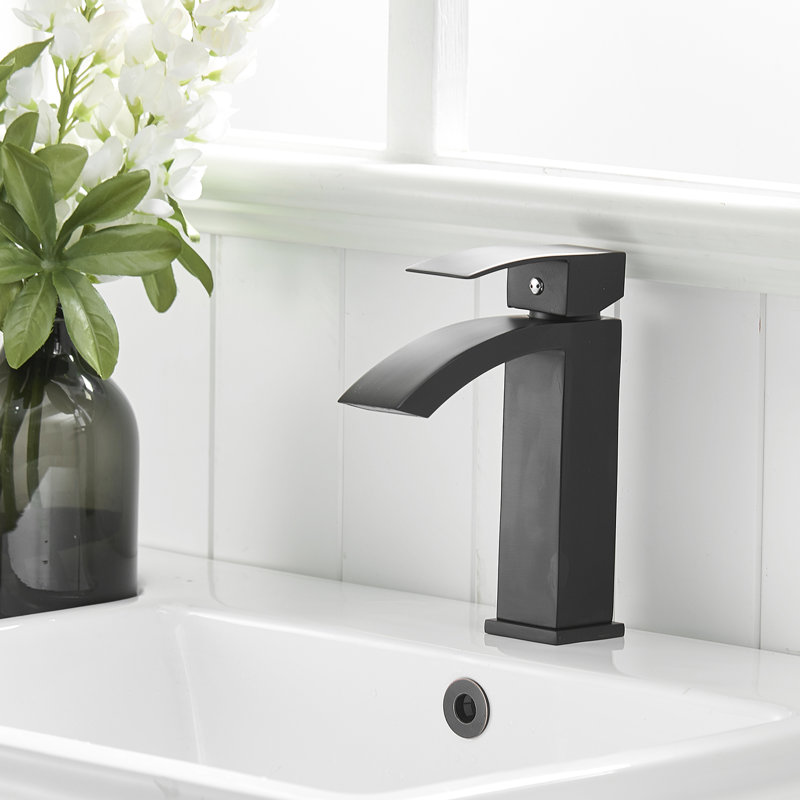 Black Bathroom Sink Faucet, Deck-Mounted Single Hole Faucet With Handle And Ceramic Filler Brushed Basin Side