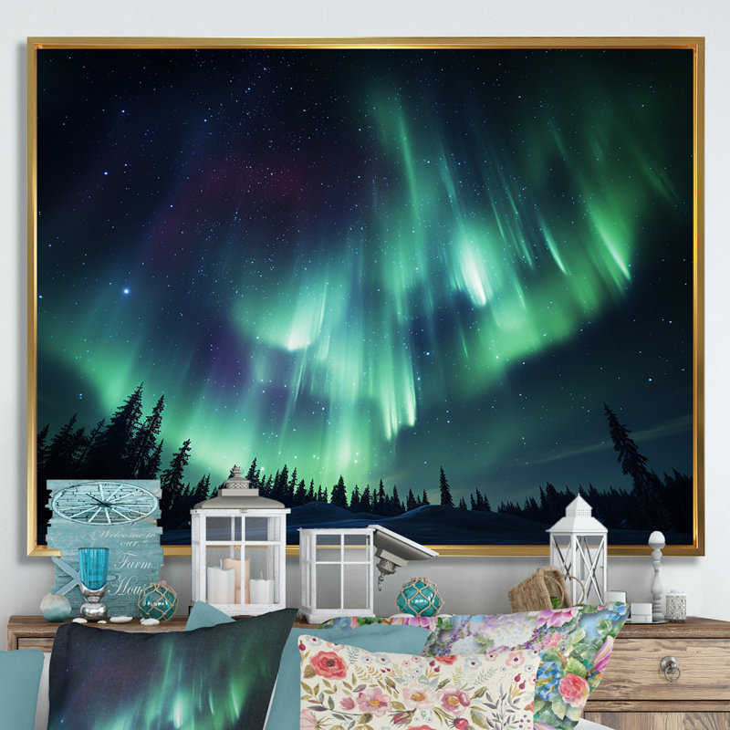 «Canadian Boreal Ballet 4 - Northern Lights», art mural, Cadre flottant doré, H 12 po x l 20 po x P 1 po