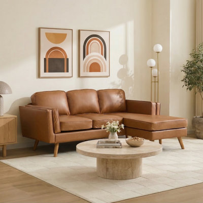 84'' Faux Leather  Reversible Sectional Sofa with Chaise, Movable Ottoman, Solid Wood Legs and Frame