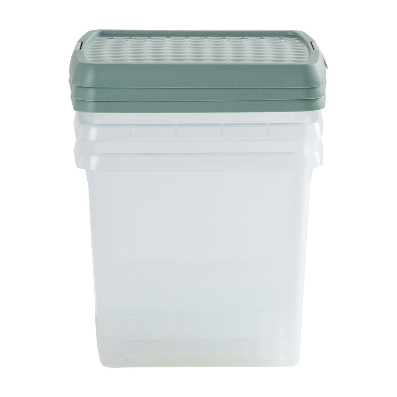 Wham Clip 14L Square Plastic Storage Boxes with Secure Clip Lock Lids. L:29 x W:29 x H:26cm Clear/Stone/Slate Grey, Green