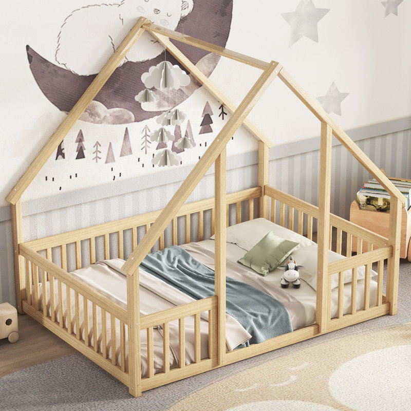 WoodNest House-Shaped Floor Bed with Guardrails, Gray, Twin