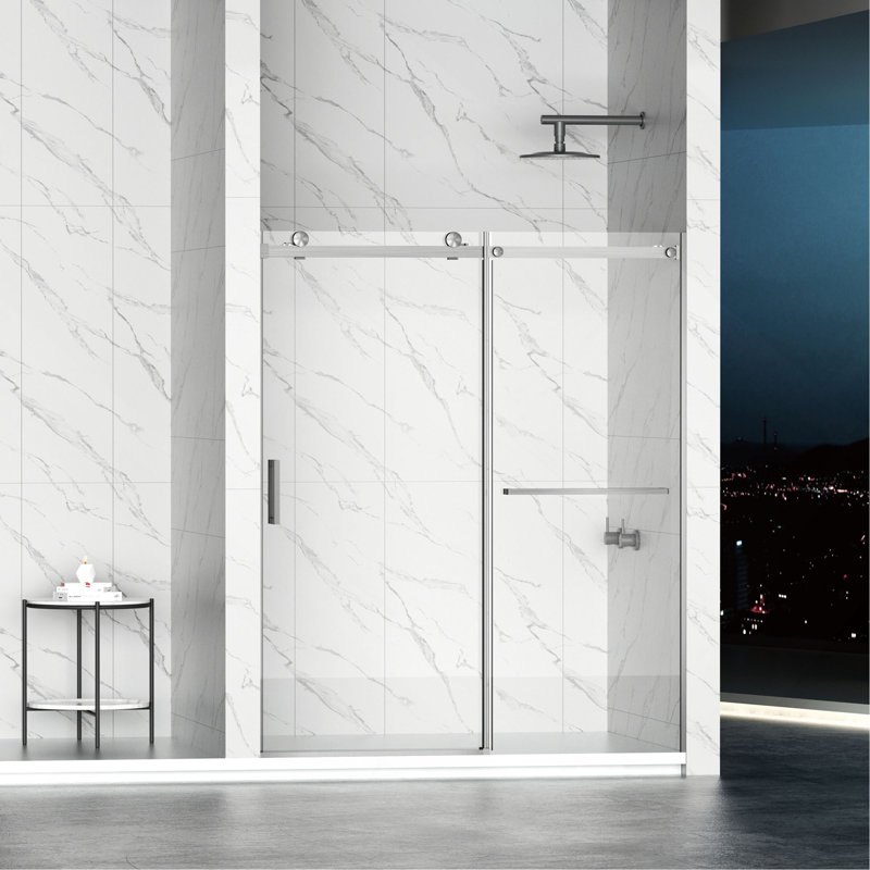 Porte de douche coulissante sans cadre l 56 à 60 po x H 72 po, porte de douche en verre imperméable avec système de fermeture en douceur supérieure, verre trempé de 5/16 po (8 mm), couche facile à nettoyer des deux côtés
