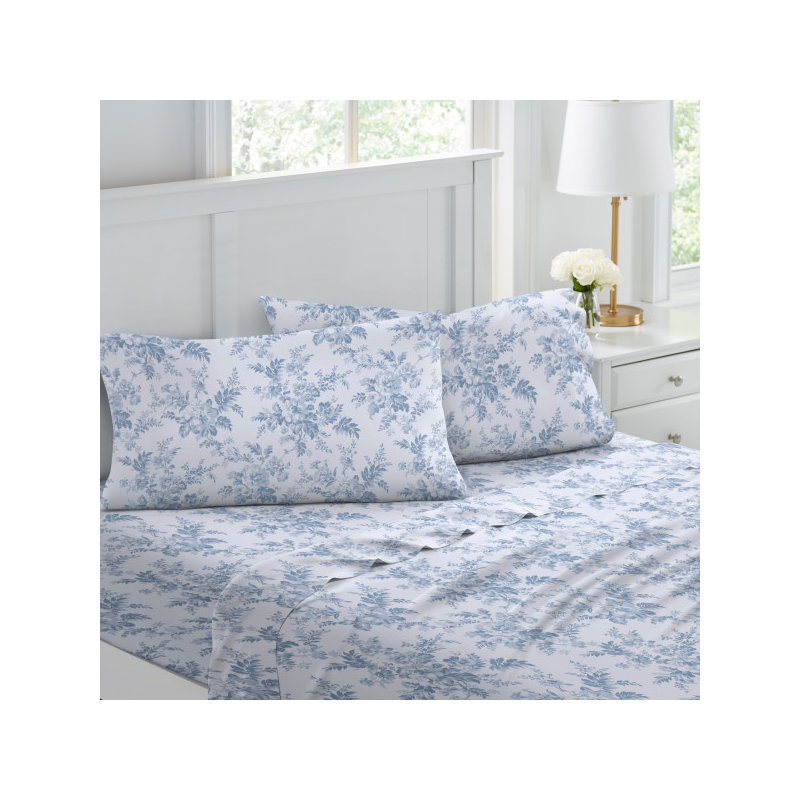 Ensemble de draps en flanelle de coton brossé, Ensemble de draps pour lit simple avec 1 taie d'or, Bleu Vanessa