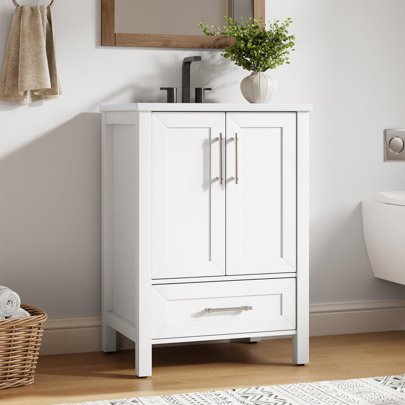 Bathroom Vanity with Ceramic Basin, Bathroom Storage Cabinet with Drawer and 2 Soft Closing Doors, 24", White
