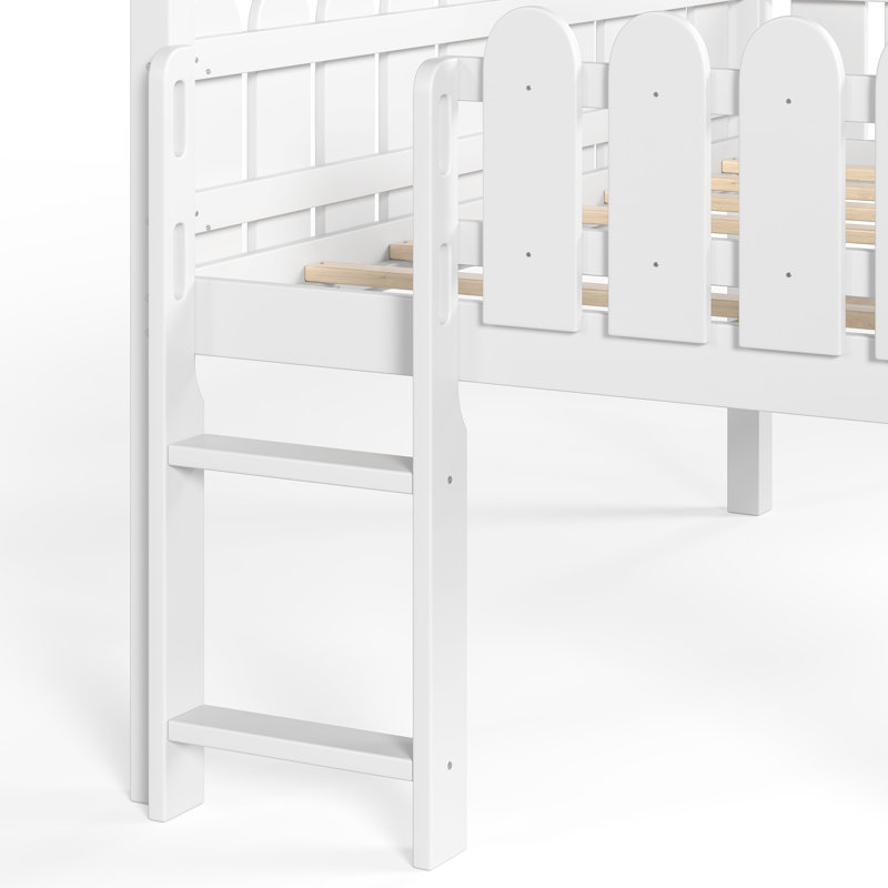 Lit mezzanine double pleine grandeur pour enfants avec glissade, escalier, tablettes de rangement, lumières DEL et garde-corps ronds, blanc