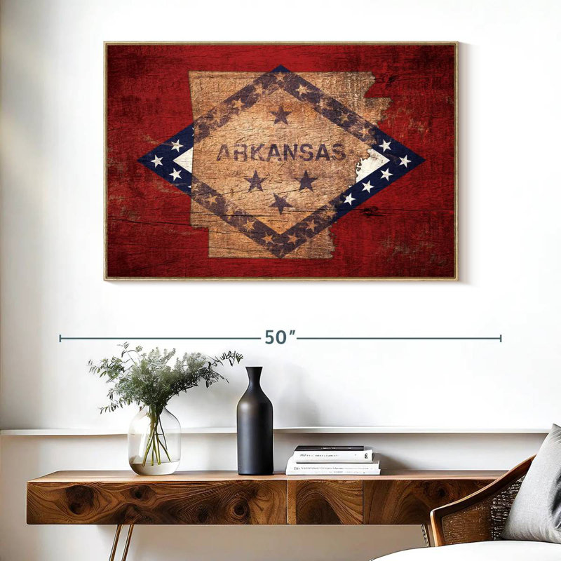Carte d'État sur le drapeau de l'Arkansas, Cadre flottant en bois naturel, 40 po x 27 po