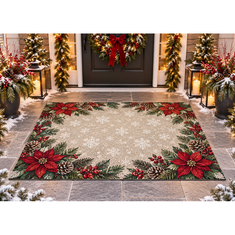 Tapis d'extérieur 152 x 213 cm (5 pi x 7 pi) à motif poinsettia, pin et flocons de neige, bordure de Noël, en PVC épais et imperméable, à boucles, résistant et à séchage rapide, idéal pour terrasse, balcon ou entrée.