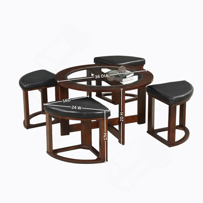 Cylina Solid Wood Glass Top Round Table Set, Coffee Table With 4 Stools