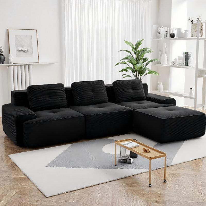 Canapé modulaire en forme de L de 117 po avec repose-pieds mobile, canapé 3 places en velours côtelé de qualité supérieure avec assise profonde, conception capitonnée et base antidérapante sans assemblage