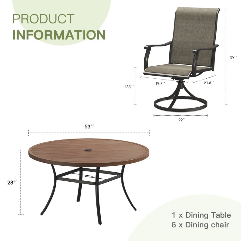 Ensemble de salle à manger 7 pièces pour table ronde d'extérieur avec chaise pivotante 7 pièces, Noyer/brun, 6