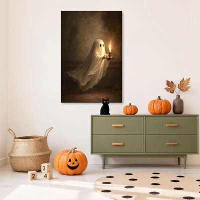 Tableau sur toile encadré (1 pièce), représentant un fantôme mignon avec une bougie, idéal pour Halloween. Parfait pour le salon, la chambre à coucher, le bureau, la salle de bain, une chambre d'étudiant ou toute autre pièce de la maison. Prêt à accrocher.