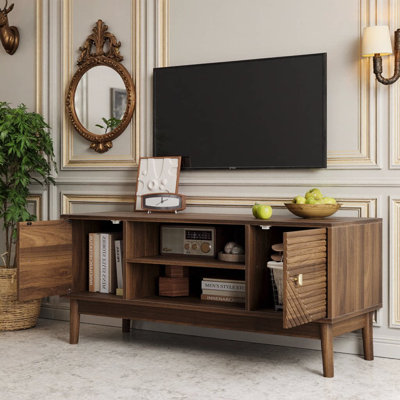 43" Mid-Century Modern TV Stand for 32-50" TVs, Compact Walnut Media Console with Grille Doors, 200 lbs Heavy-Duty Capacity, Small Space Entertainment Center, Bedroom/Gaming
