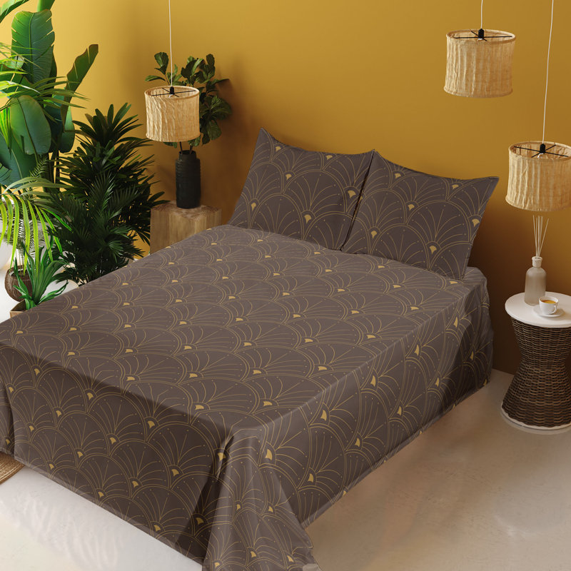Microfiber Sheet Set, Full Sheet Set with 2 Pillowcases, Dark Brown/Sand Brown Geometric