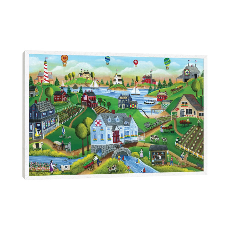 Village By The Sea With Hot Air Ballons by Cheryl Bartley - Print on Canvas, 152.5 cm H x 101.5 cm W, White Framed