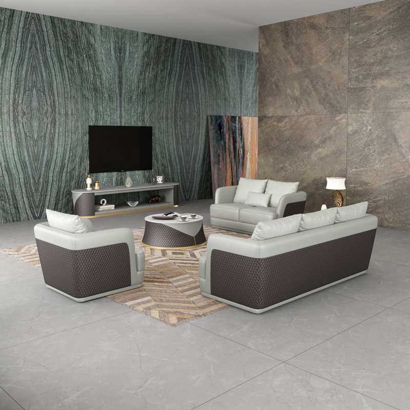 3 Pieces Glamour Sofa Set Lite Grey Chocolate Italian Leather