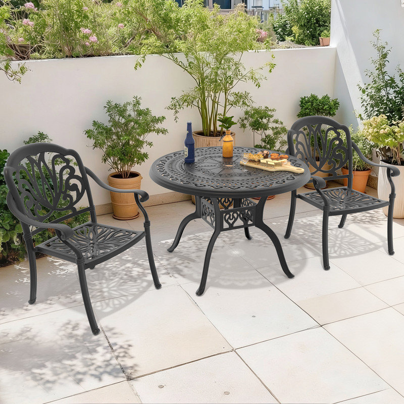Ensemble de salle à manger bistro en aluminium moulé 3 pièces, table ronde de 100 cm avec trou pour parasol et 2 chaises empilables avec coussins bruns