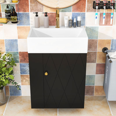 Modern Compact Bathroom Vanity with Ceramic Sink, Diamond Door Accent and Adjustable Storage Shelf