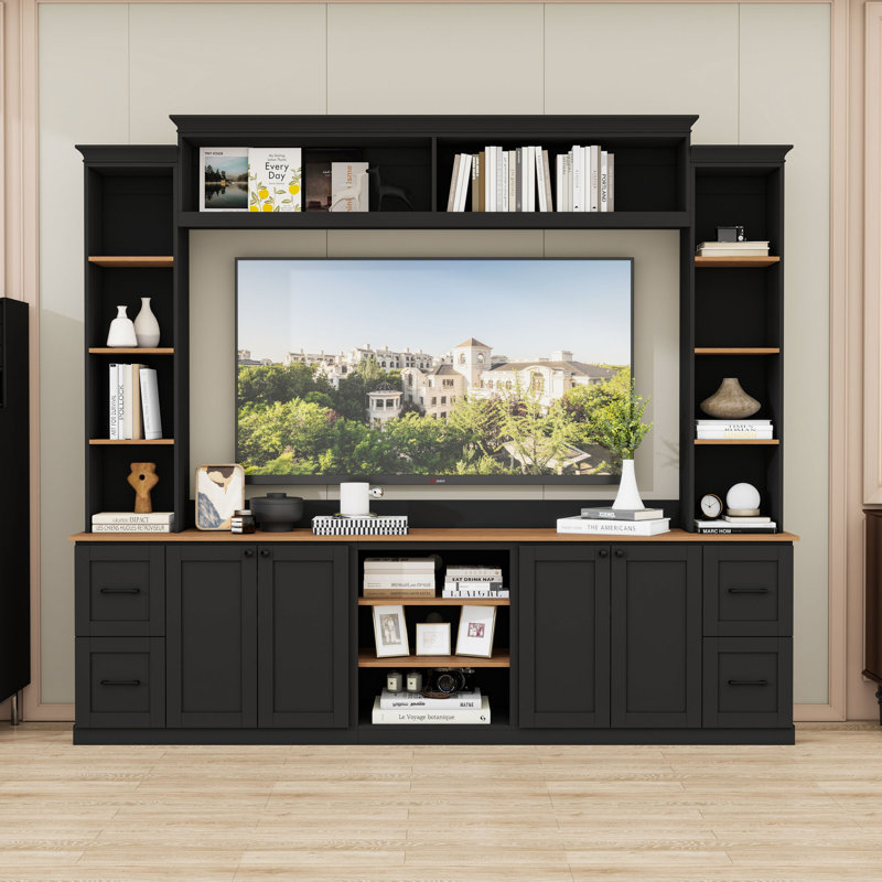 Meuble audio-vidéo avec 4 tiroirs, 2 armoires, tablettes réglables et système de gestion des câbles, Noir