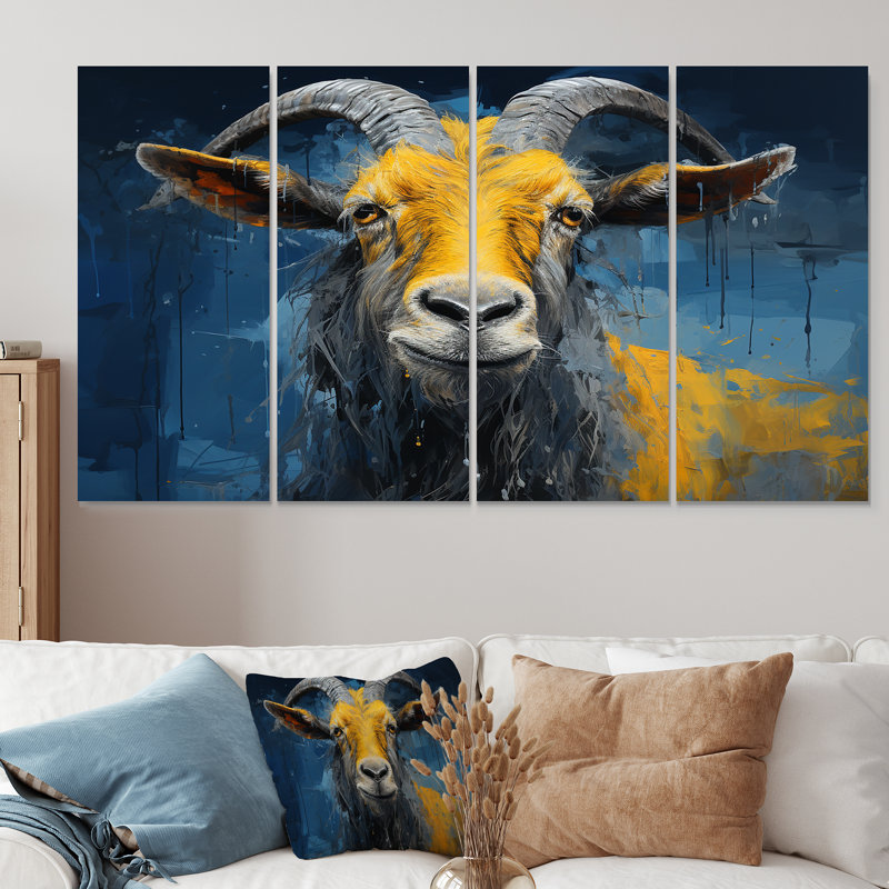 «Yellow and Blue Goat Meadow Wondering Portrait II - Chèvre», art mural 4 pièces, H 32 po x l 64 po