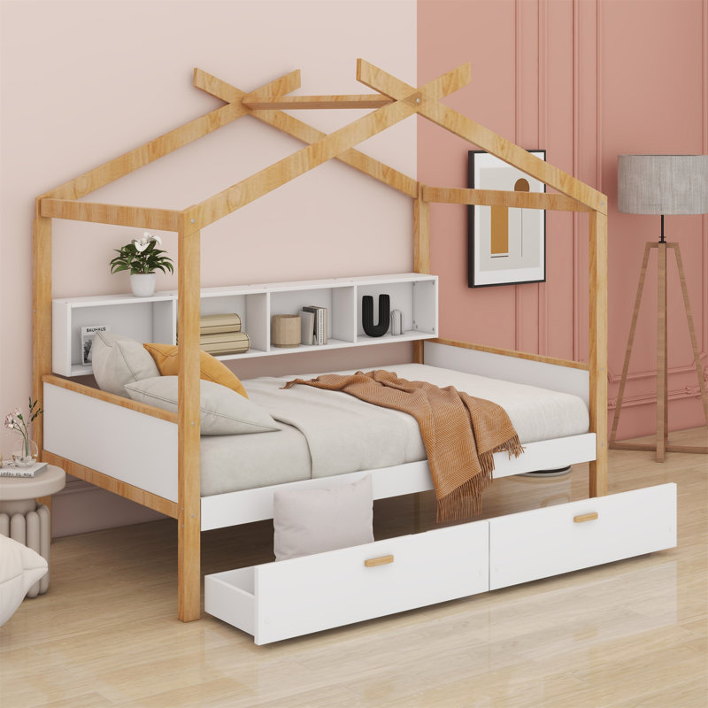 Alajos House Bed  With Two Drawers And Bookshelf Storage Space, Twin