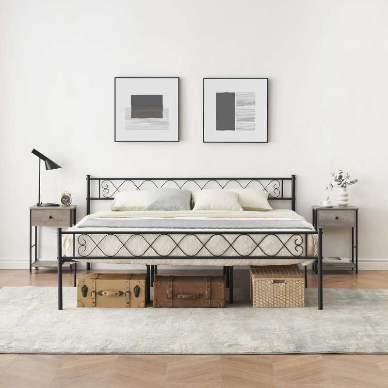Modern Metal Platform Bed Frame with Headboard & Footboard, Black, King