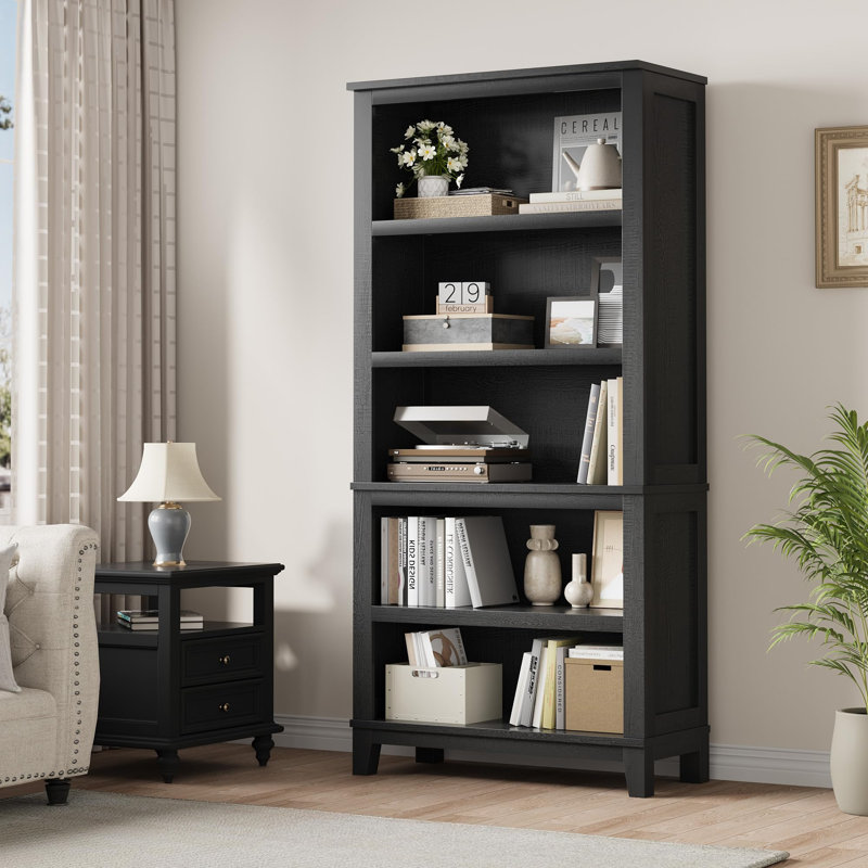 71 in Tall Bookcase w/Adjustable Shelves & 31.5 in Width, 5 Tier Farmhouse Bookshelf with Wooden Legs, Black