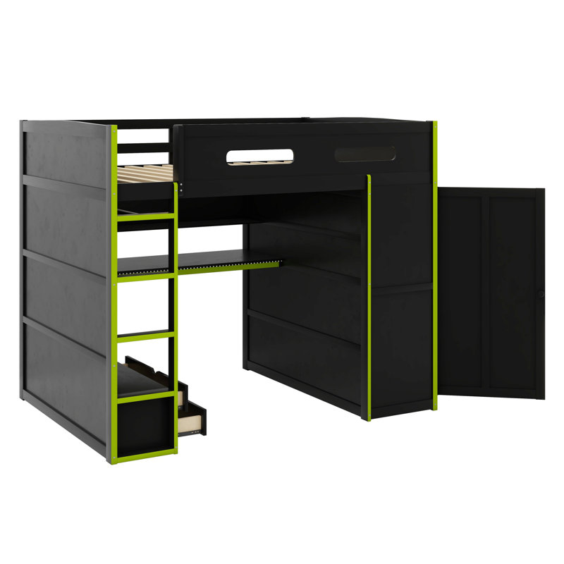 Lit mezzanine en bois avec bureau, garde-robe, grand espace de rangement et lumière DEL RVB, Vert / noir