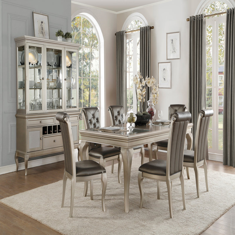 Table de salle à manger moderne avec finition argentée avec rallonge et 6 chaises d'appoint, 7