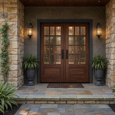 G7512-SW-80 | 80" Double Door, RTA Prehung Exterior, SDL 12 Lite 3/4 Lite, 1 Panel, Unfinished Mahogany Wood