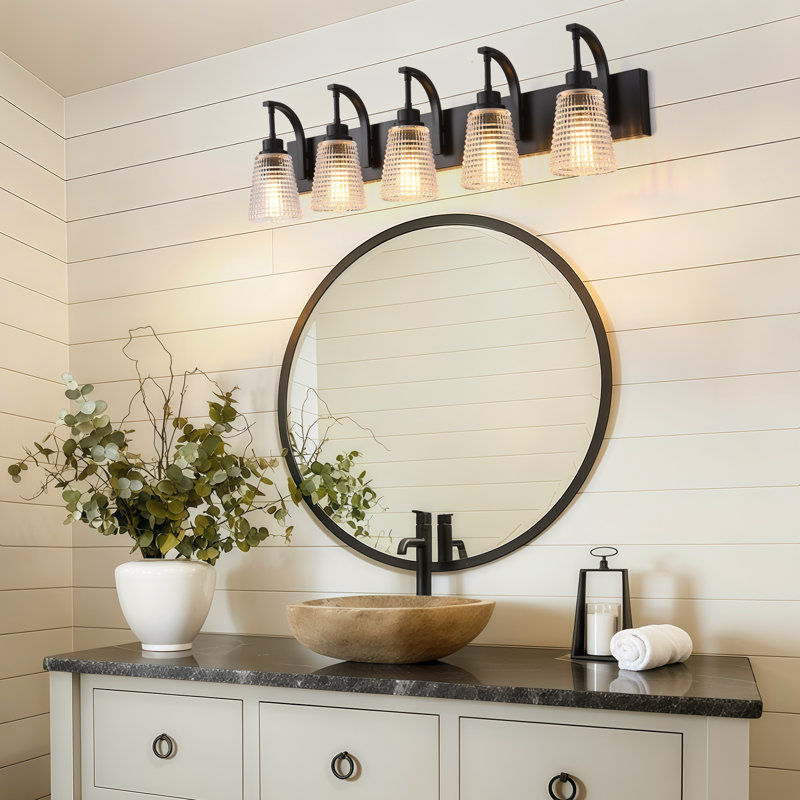 5-Light Bathroom Light Fixtures, 20" Farmhouse Black Vanity Lights For Bathroom With Ribbed Glass Shade,Vintage Bathroom Vanity Lighting Fixtures Over Mirror For Bedroom Living Room Hallway