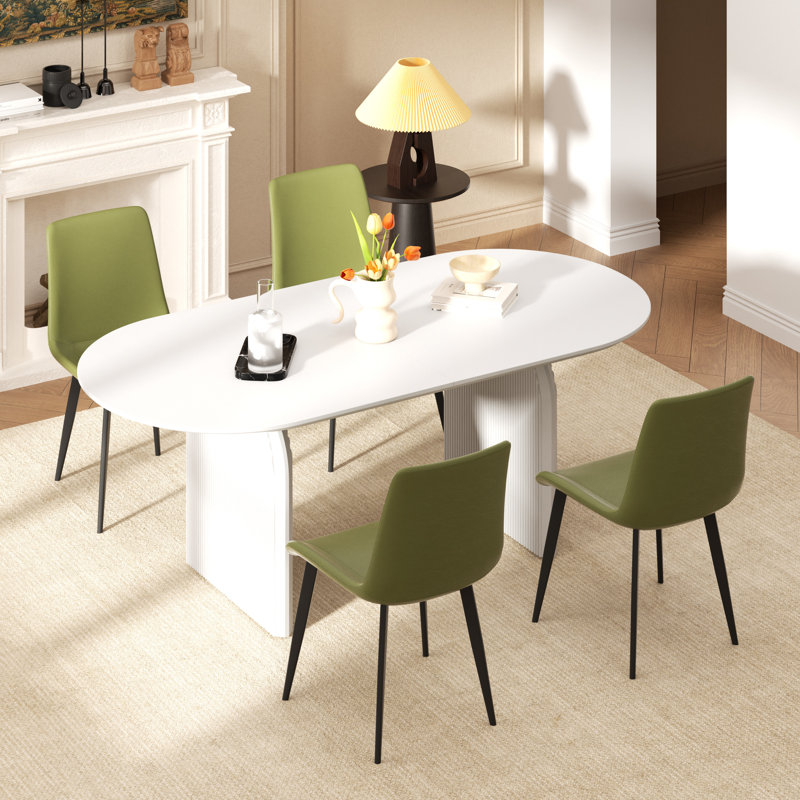 70in Oval Dining Table Sets  With PU Leather Chairs, White/Beige, 5 Pieces: Table, 4 Chairs