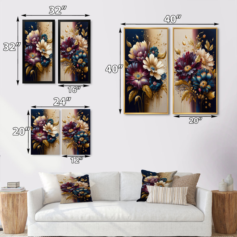 "Bourgogne et marguerite bleue" - 2 pièces sur toile, Cadre noir, H 32 po x l 32 po