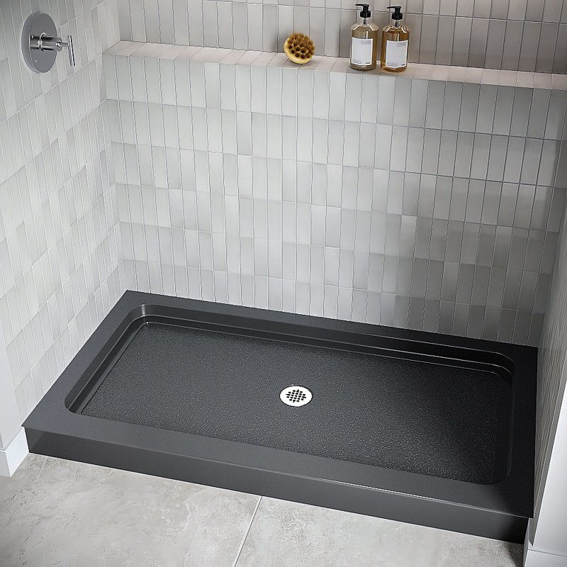 60 in. x 32 in. Alcove Acrylic Shower Base in Glossy Black With Center Drain, Drain Included, Glossy Black
