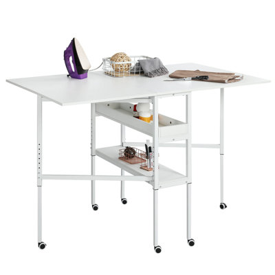 Height Adjustable Craft Table - Mobile Folding Cutting Table with Storage Shelves for Large Fabric, as a Foldable Sewing Desk in Home or Craft Rooms