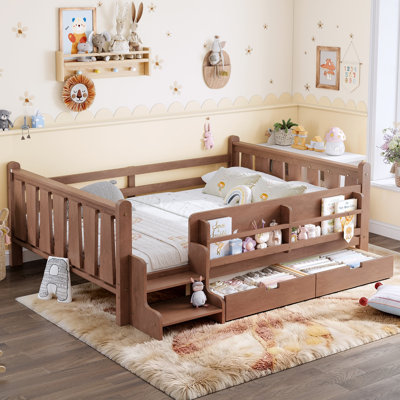 Lit double pleine grandeur avec bibliothèques et tiroirs de rangement, lit en bois massif pour enfants avec de jolis escaliers et garde-corps, aucun sommier nécessaire, naturel