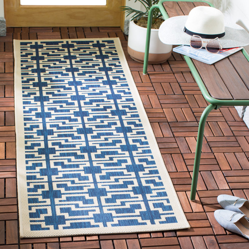 Tapis intérieur / extérieur bleu / beige Arneshia, Tapis de couloir 2 pi 3 po x 6 pi 7 po