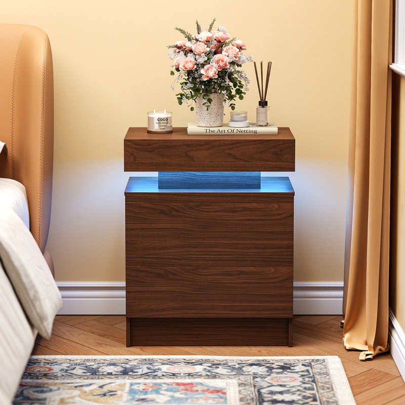 Westerly Modern Style Wooden Nightstand with LED Light and Storage Drawers, Walnut, 2