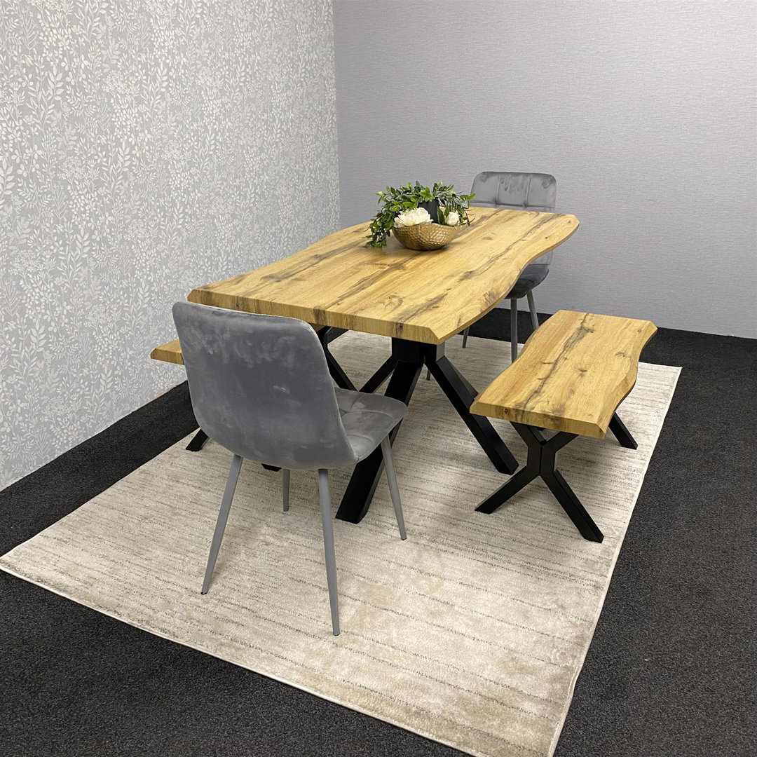 Wooden Brown Dining Table with 2 Benches and Grey Velvet Chairs