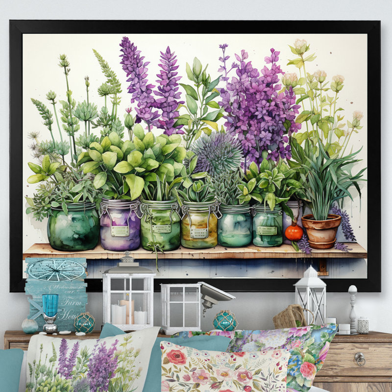 Décoration murale Herbes mauves, herbes vertes et herbes, H 12 po x l 20 po x P 1 po, Cadre simple noir