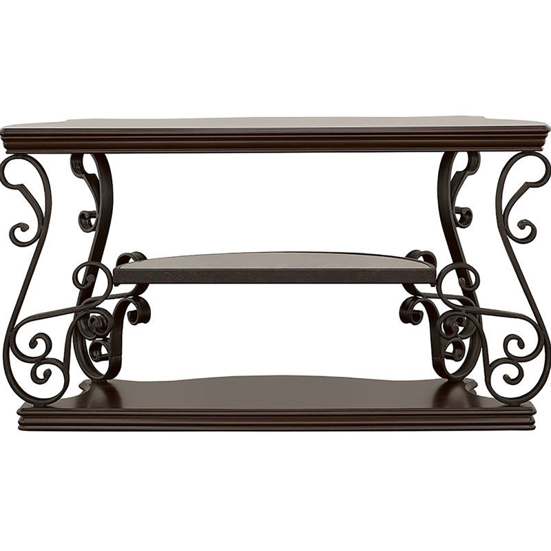 Console à 2 tablettes avec placage en bois foncé, placage de cerisier et métal