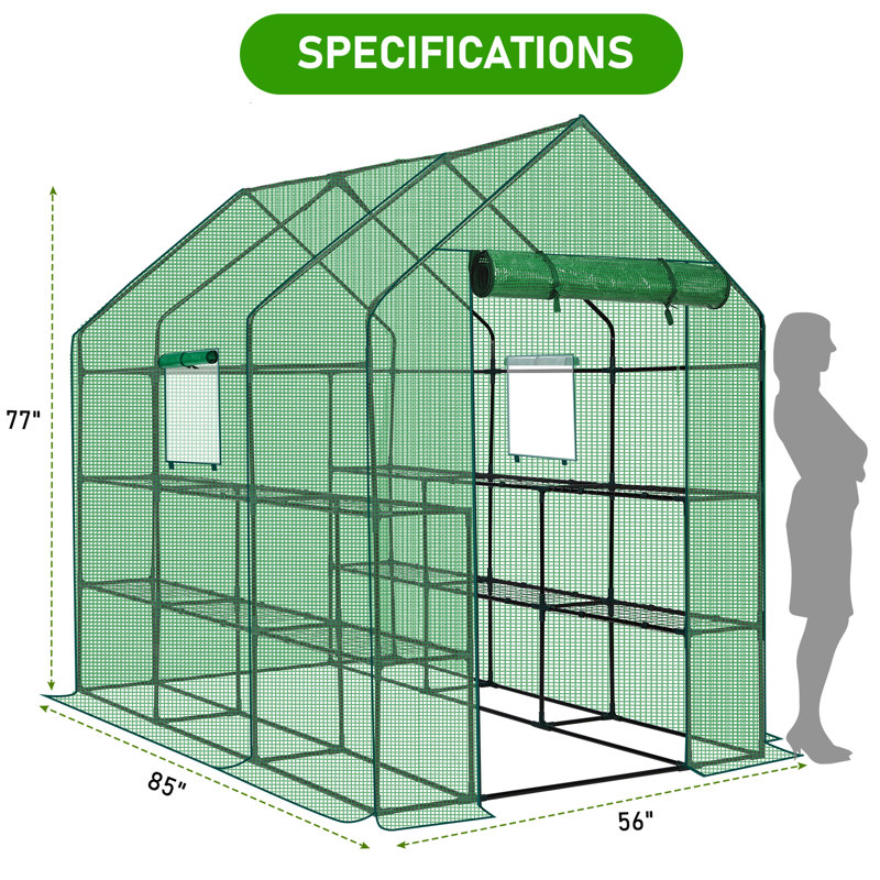 3-Tier Metal-Framed PE-Covered Walk-In Greenhouse With 12 Shelves, Green